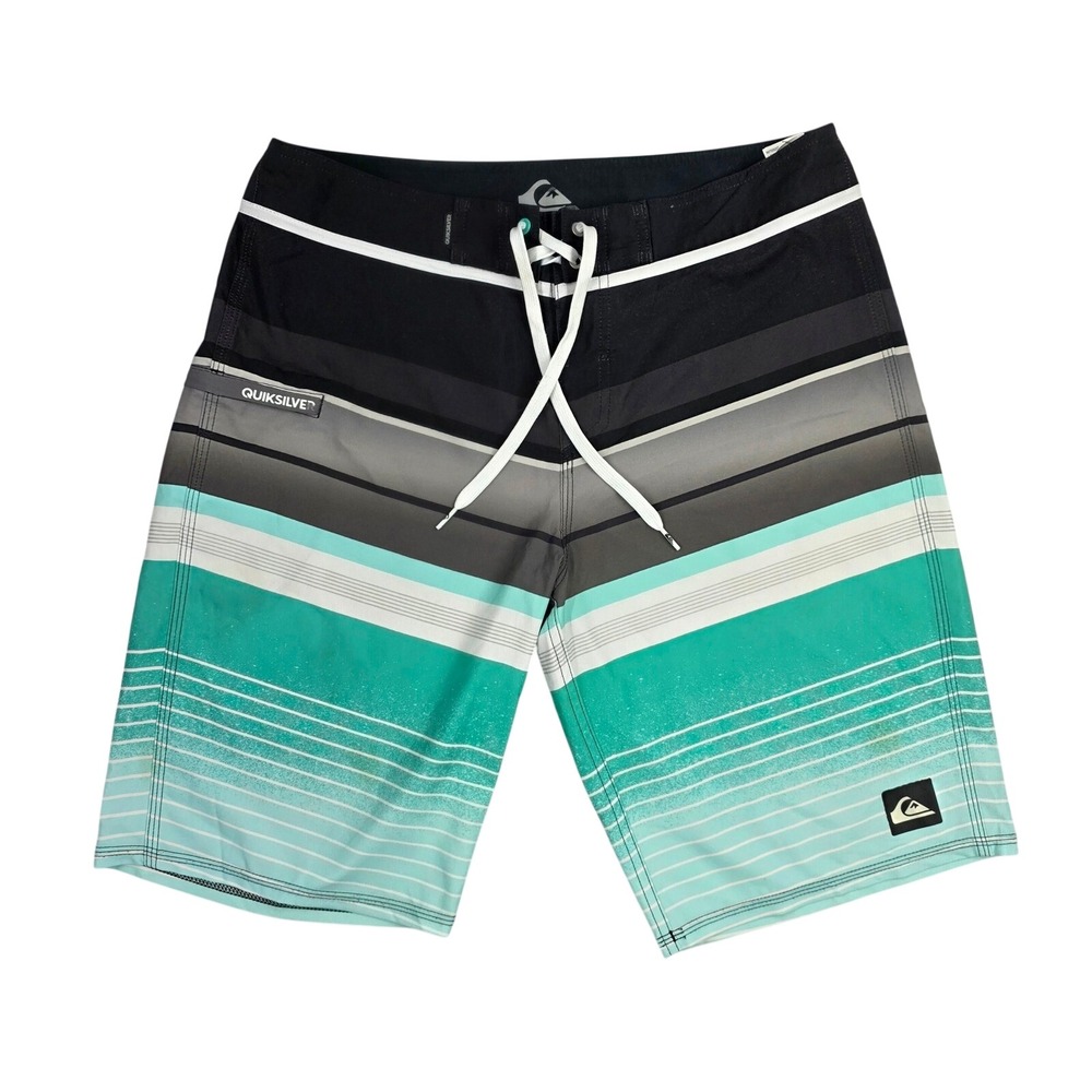 Quiksilver Mens Board Shorts Teal Black Grey Striped Swim Trunks Size 34